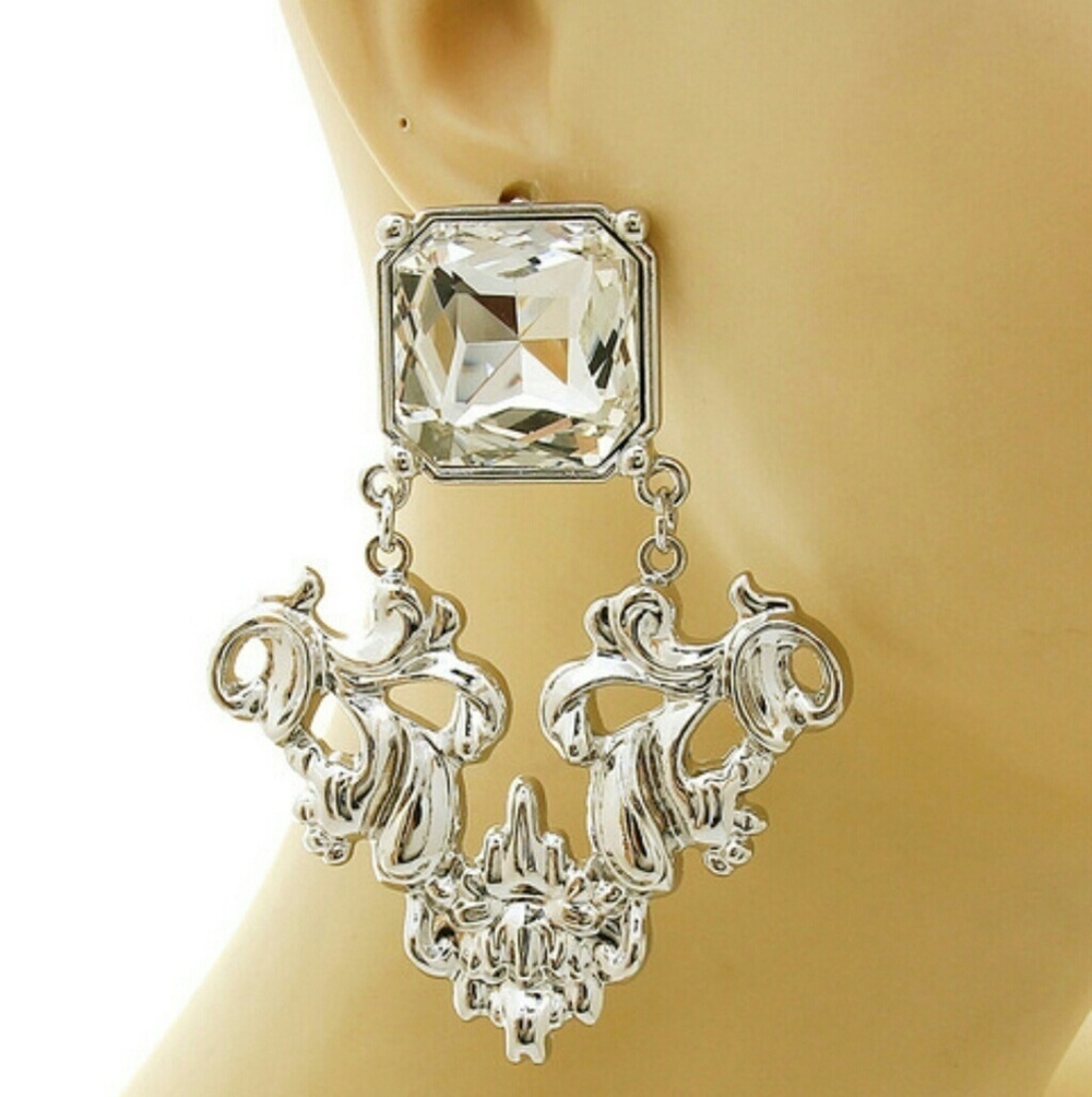 Rhodium Clear Stone Drop Earrings